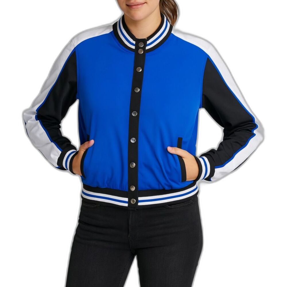 XOXO Women’s Blue Varsity Bomber Jacket | Size Medium